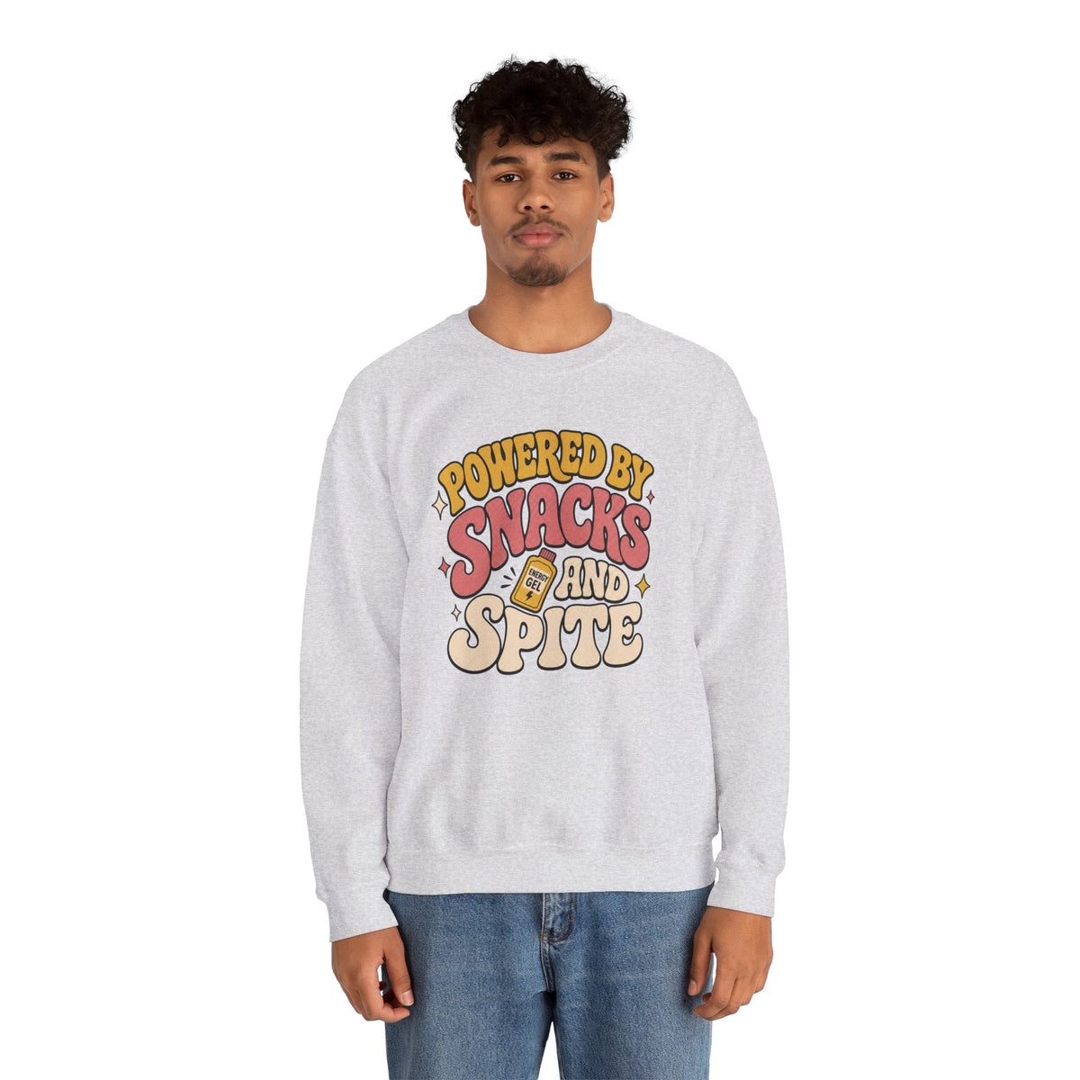 Powered by Snacks and Spite Sweatshirt - Ash - on model female