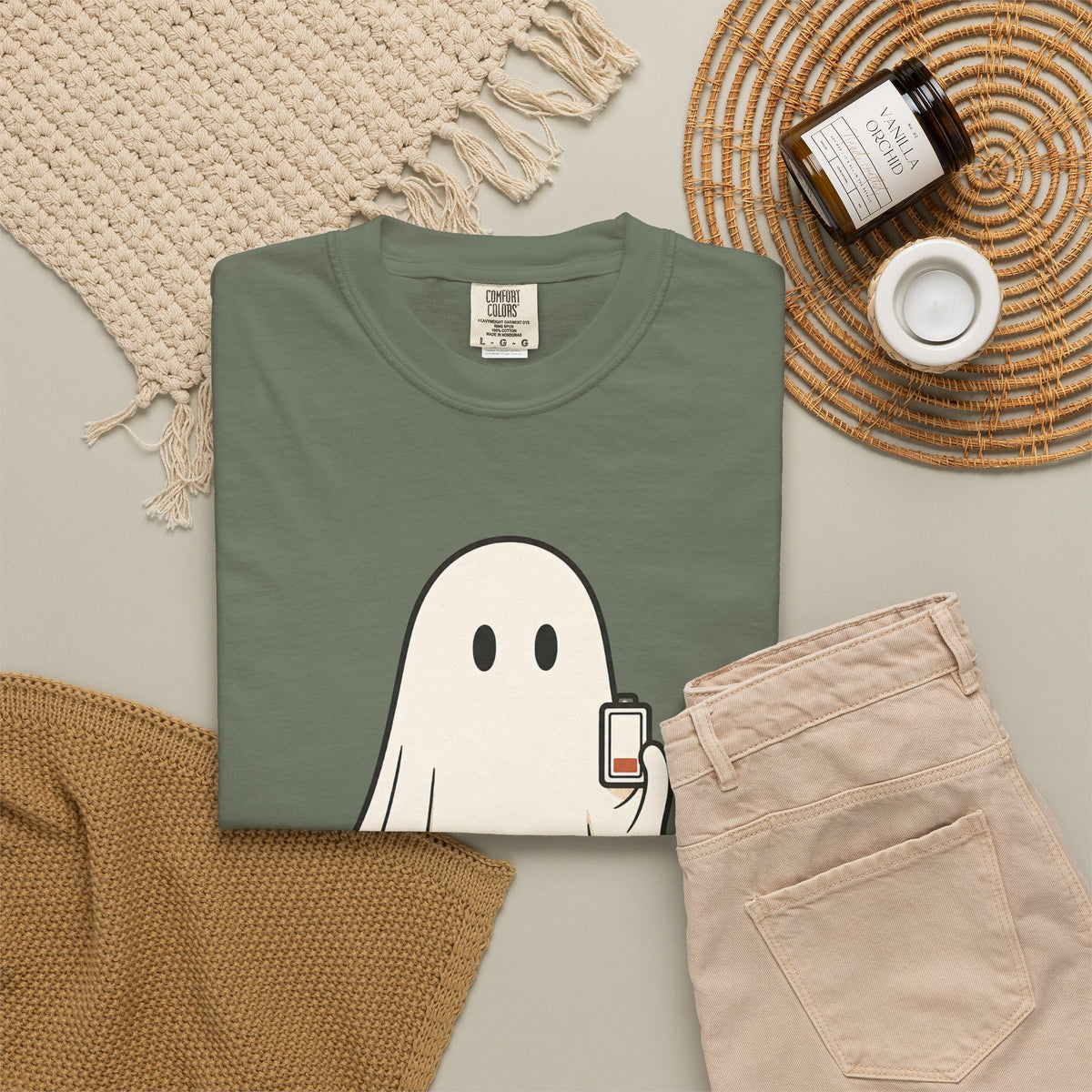 Running On Empty Since October T-Shirt - Moss - Flat Lay
