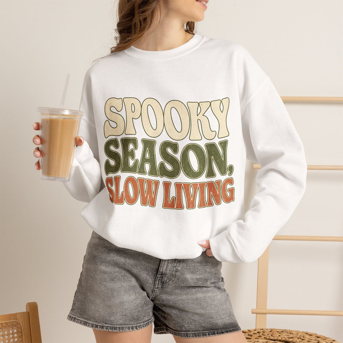 Spooky Season Slow Living Sweatshirt - White - On Model Female