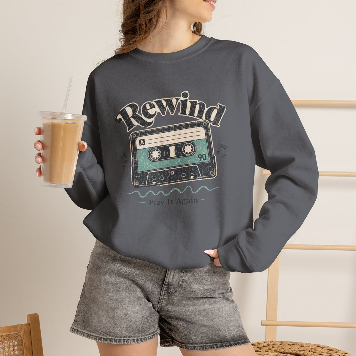 Retro Cassette Tape Sweatshirt - Charcoal - On Model Female