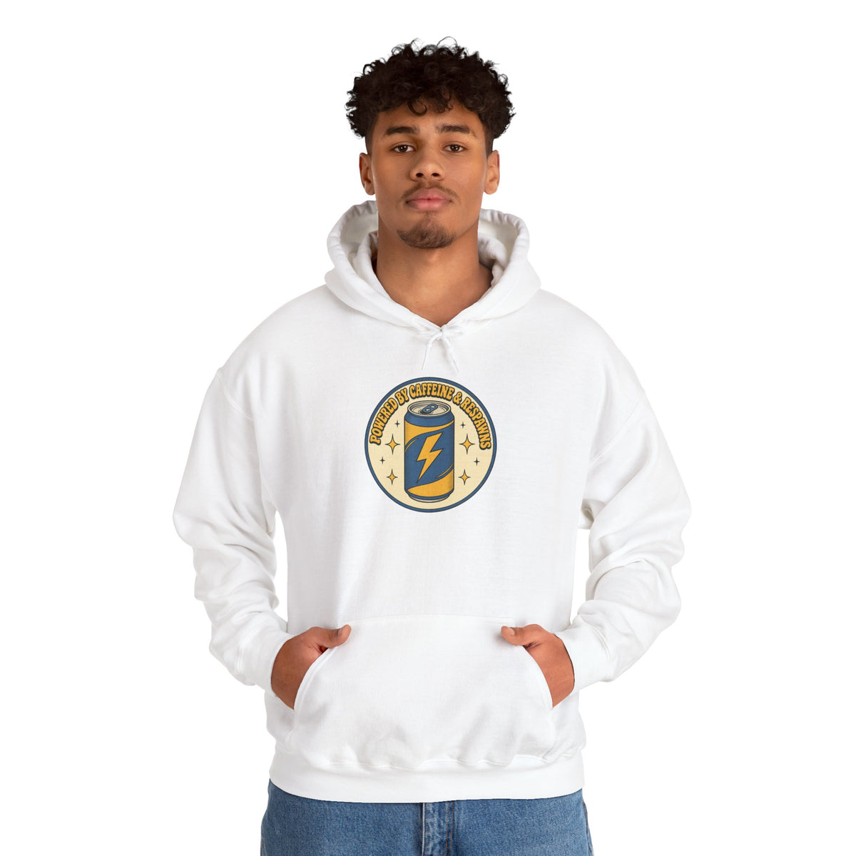 Caffeinated Energy Can Hoodie - White - On Model Male
