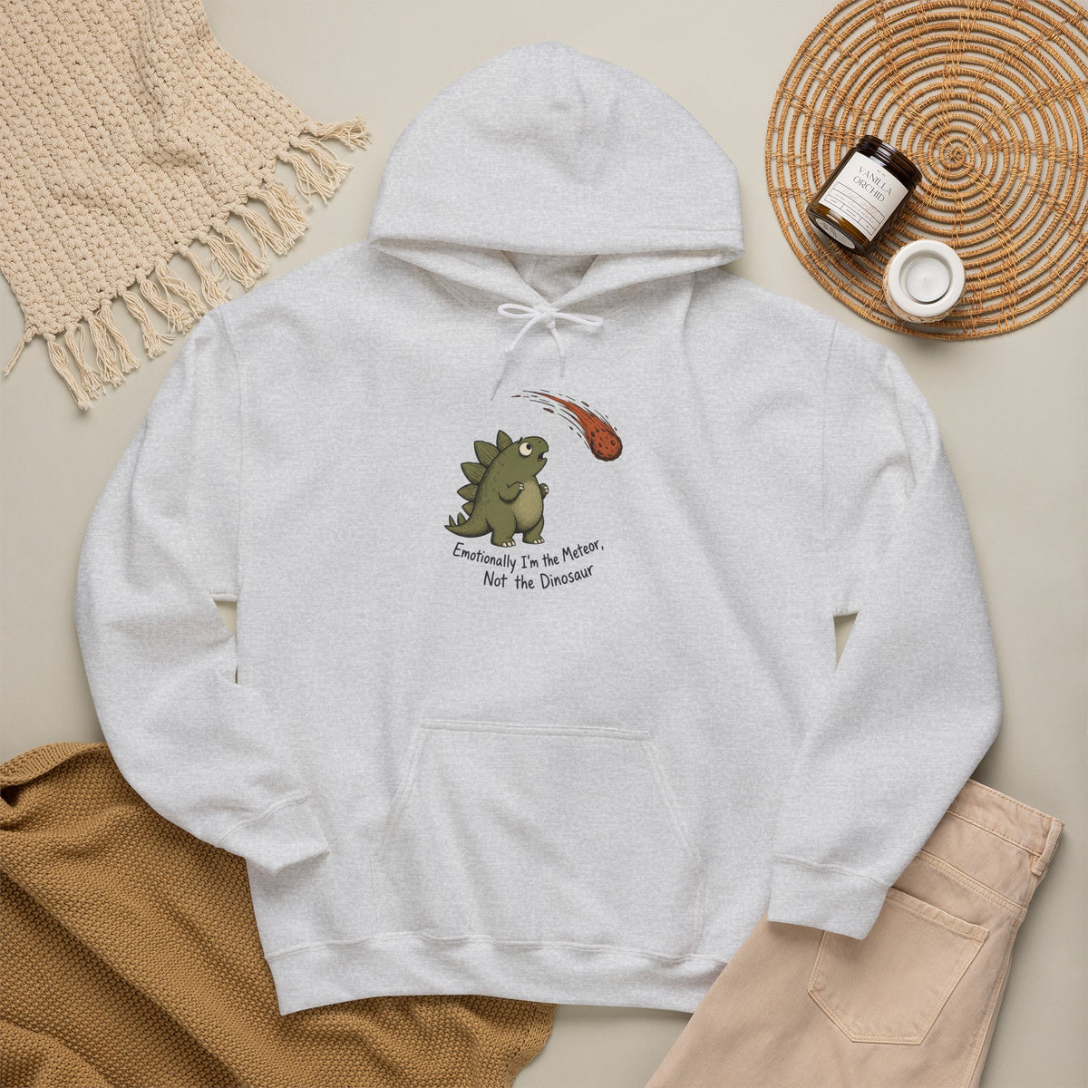 Emotionally I'm the Meteor Dinosaur Hoodie - Ash - Flat Lay