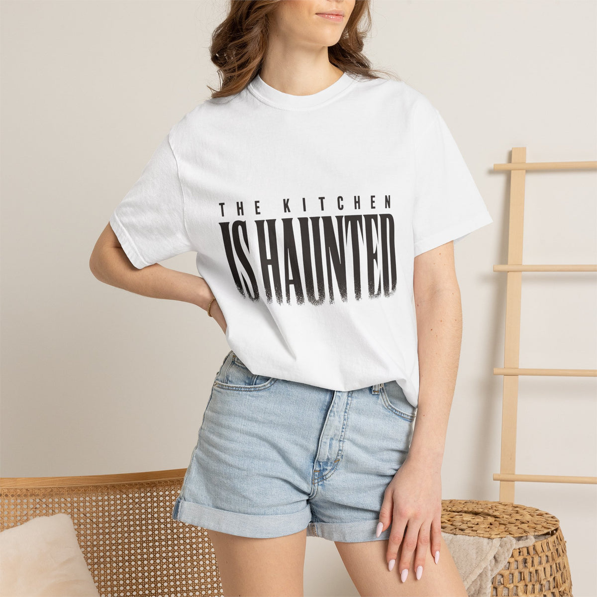 The Kitchen Is Haunted T-Shirt - White - On Model Close-Up