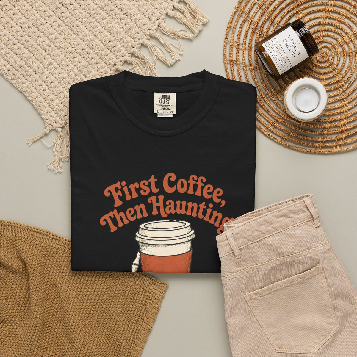 First Coffee Then Haunting T-Shirt - Black - Flat Lay
