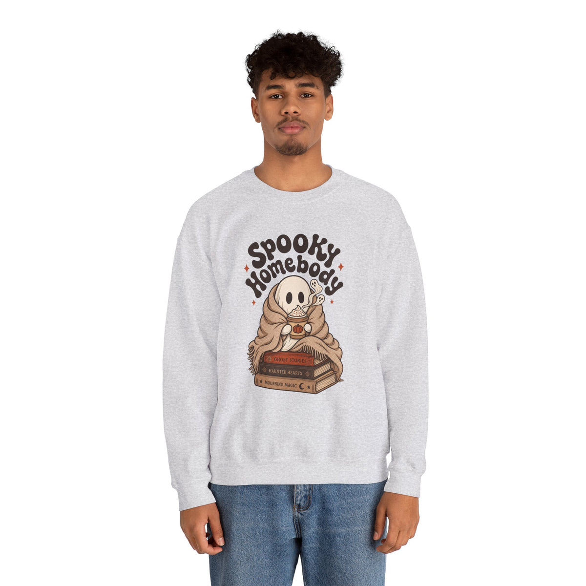 Spooky Homebody Ghost Sweatshirt - Ash - on model male