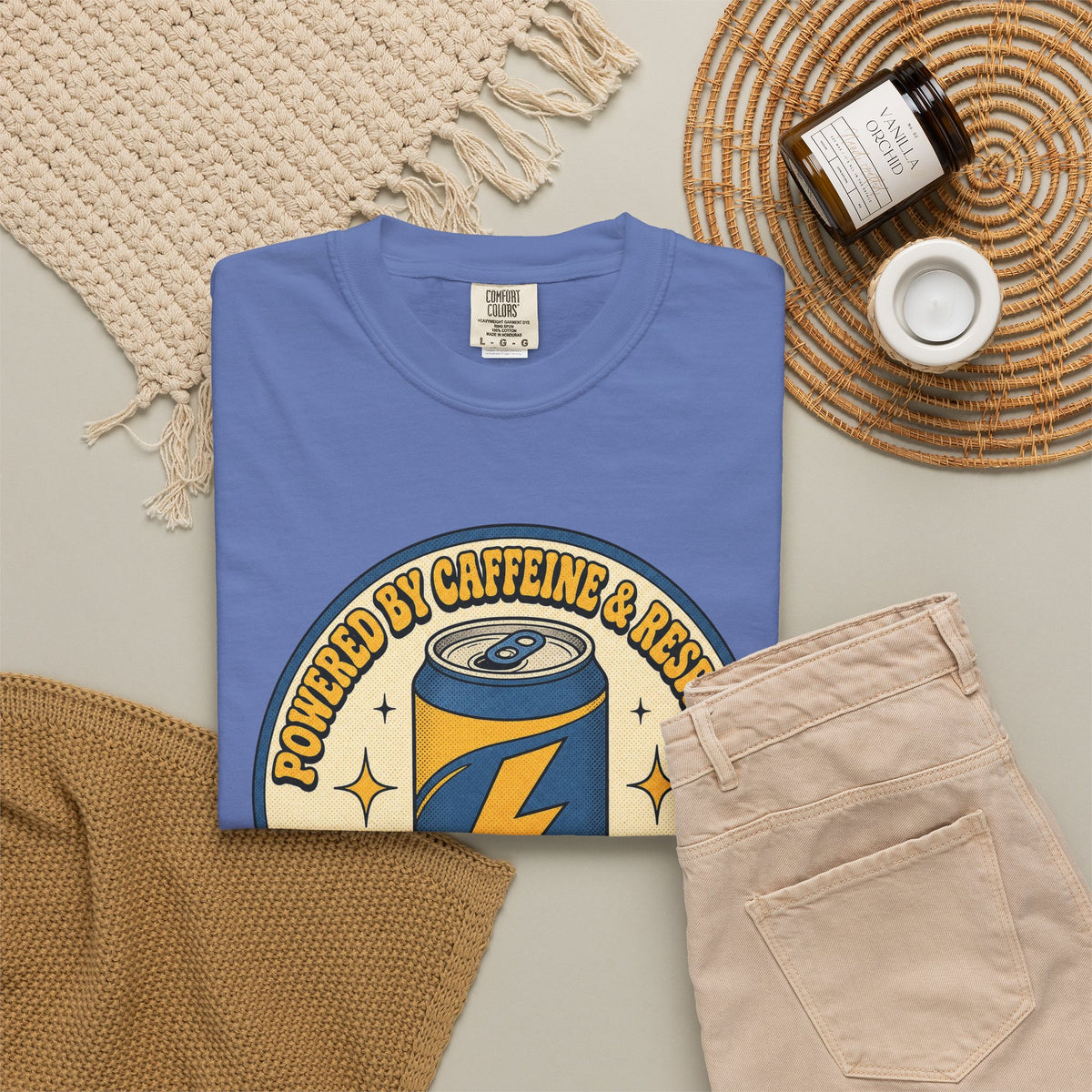 Caffeinated Energy Can T-shirt - Mystic Blue - Flat Lay