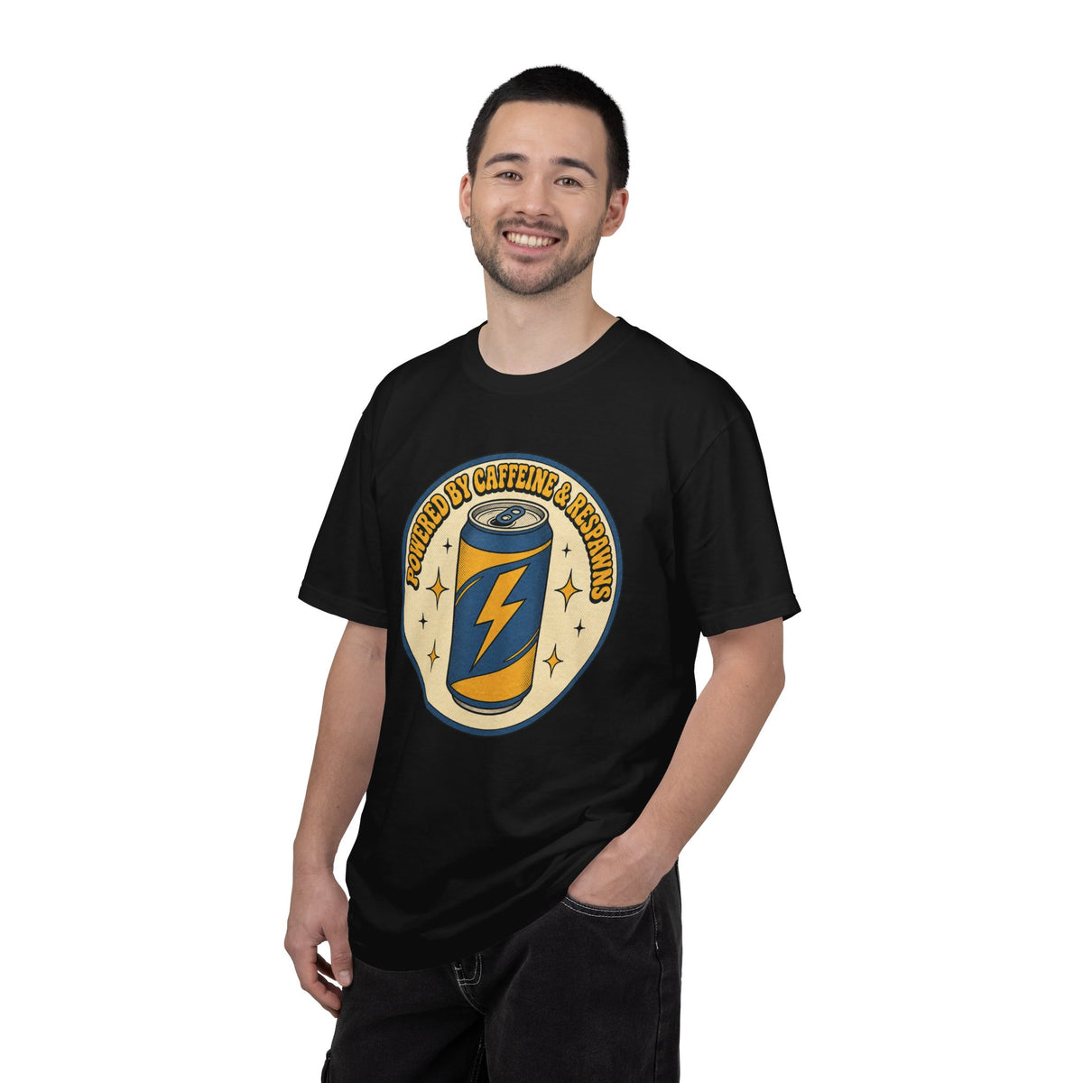 Caffeinated Energy Can T-shirt - Black - On Model Male