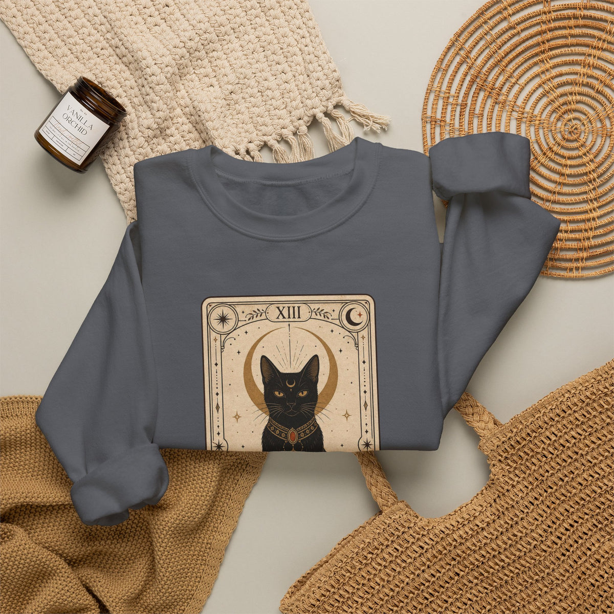 Black Cat Tarot Card Sweatshirt - Charcoal - flat lay
