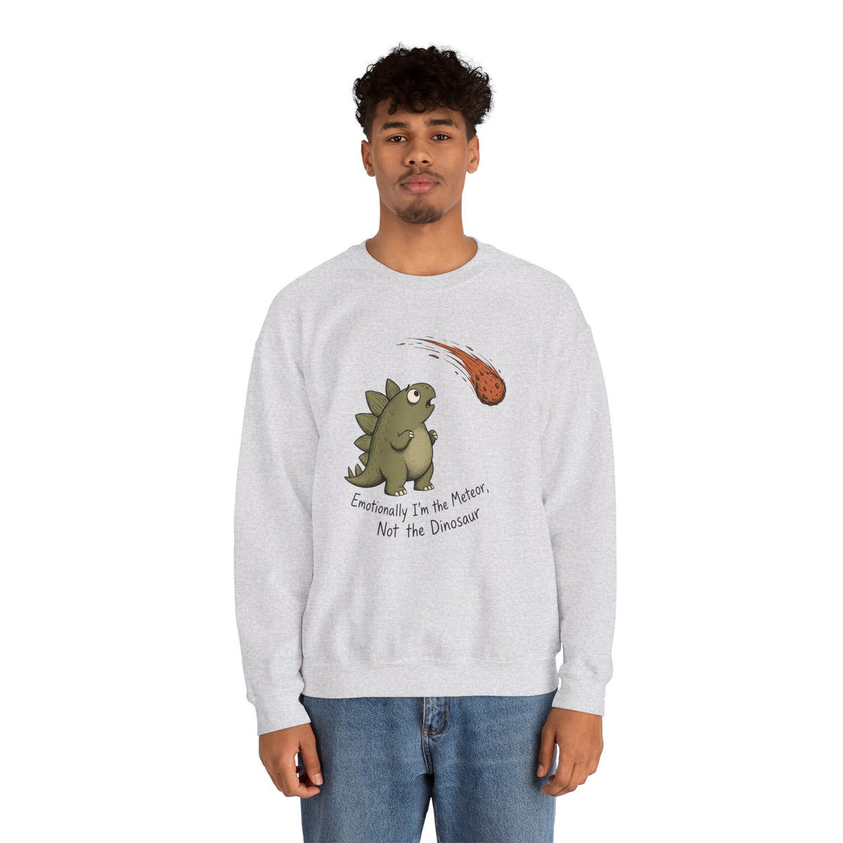 Emotionally I'm the Meteor Dinosaur Sweatshirt - Ash - On Model Male