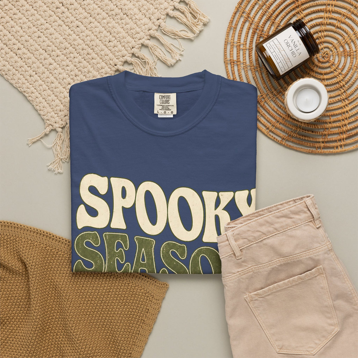 Spooky Season Slow Living T-shirt - China Blue - Flat Lay
