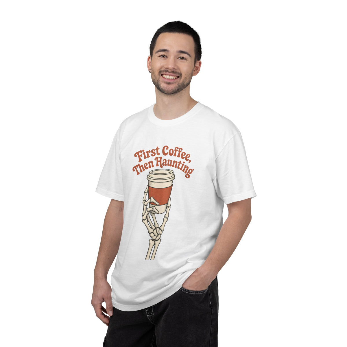 First Coffee Then Haunting T-Shirt - White - On Model Male