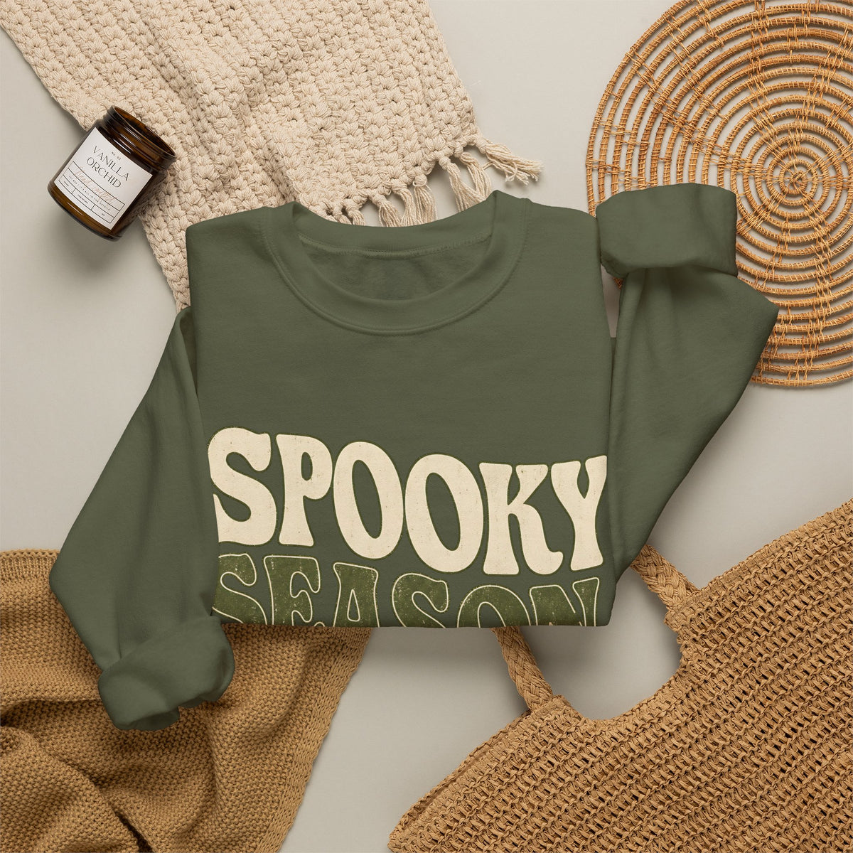 Spooky Season Slow Living Sweatshirt - Military Green - Flat Lay