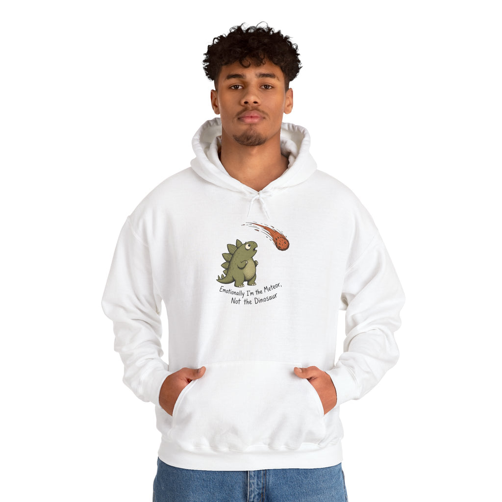 Emotionally I'm the Meteor Dinosaur Hoodie - White - On Model Male
