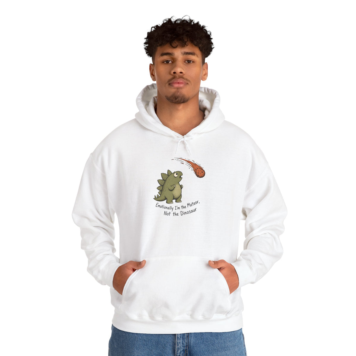 Emotionally I'm the Meteor Dinosaur Hoodie - White - On Model Male