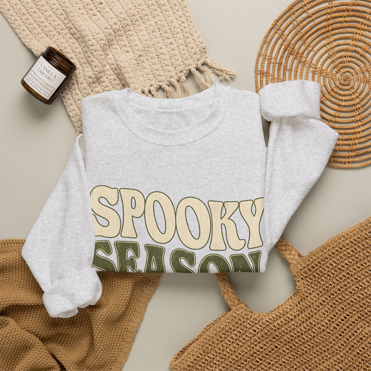 Spooky Season Slow Living Sweatshirt - Ash - Flat Lay