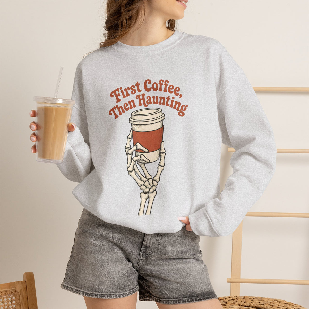 First Coffee Then Haunting Sweatshirt - Ash - On Model Female