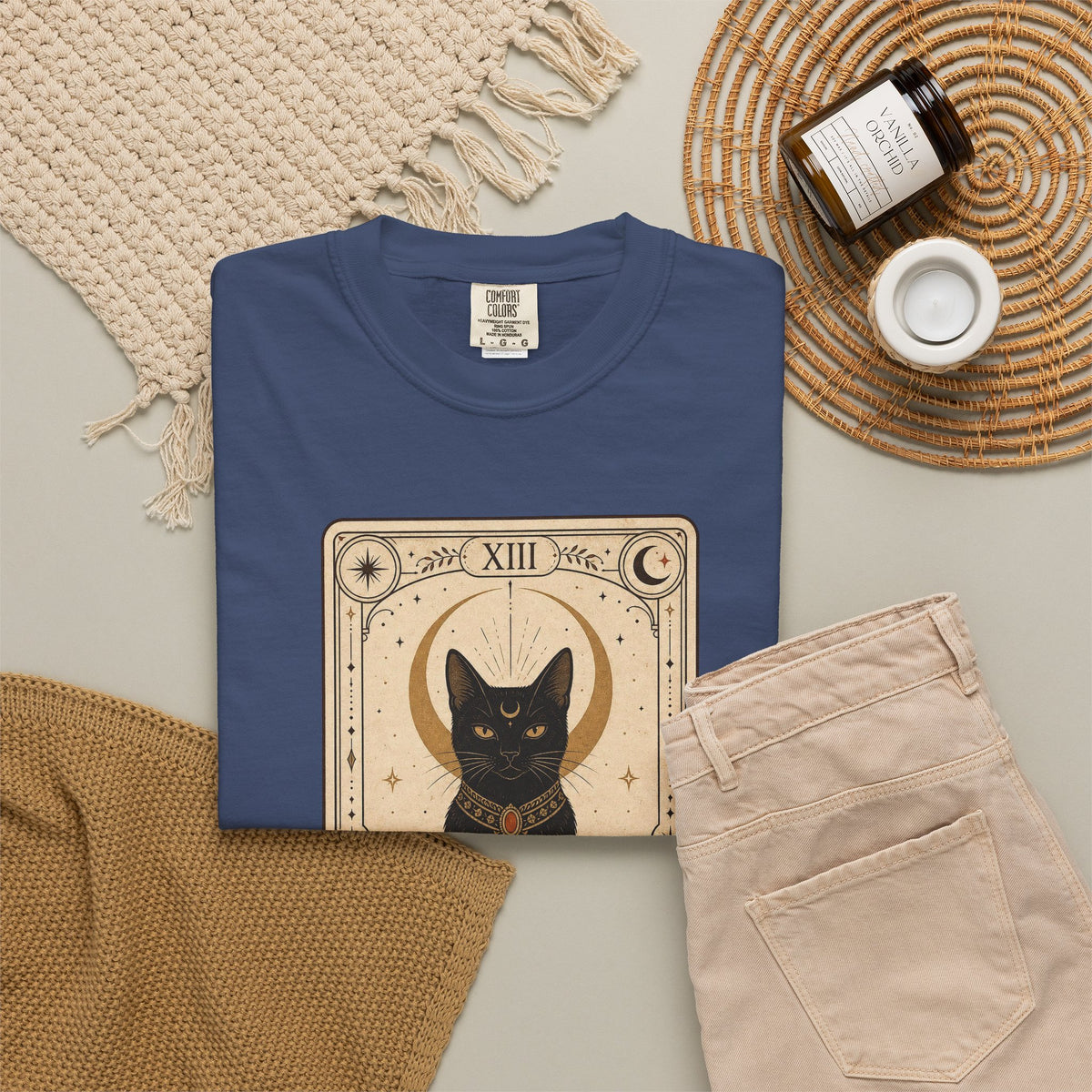 Black Cat Tarot Card T-shirt - China Blue - flat lay