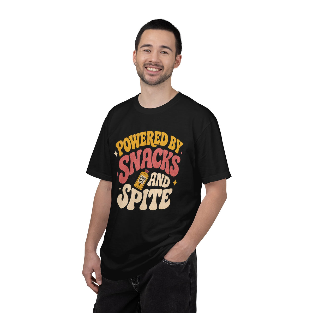 Powered by Snacks and Spite T-shirt - Black - On Model Male