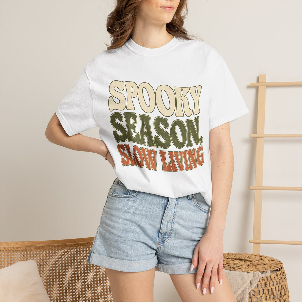 Spooky Season Slow Living T-shirt - White - On Model Close-Up