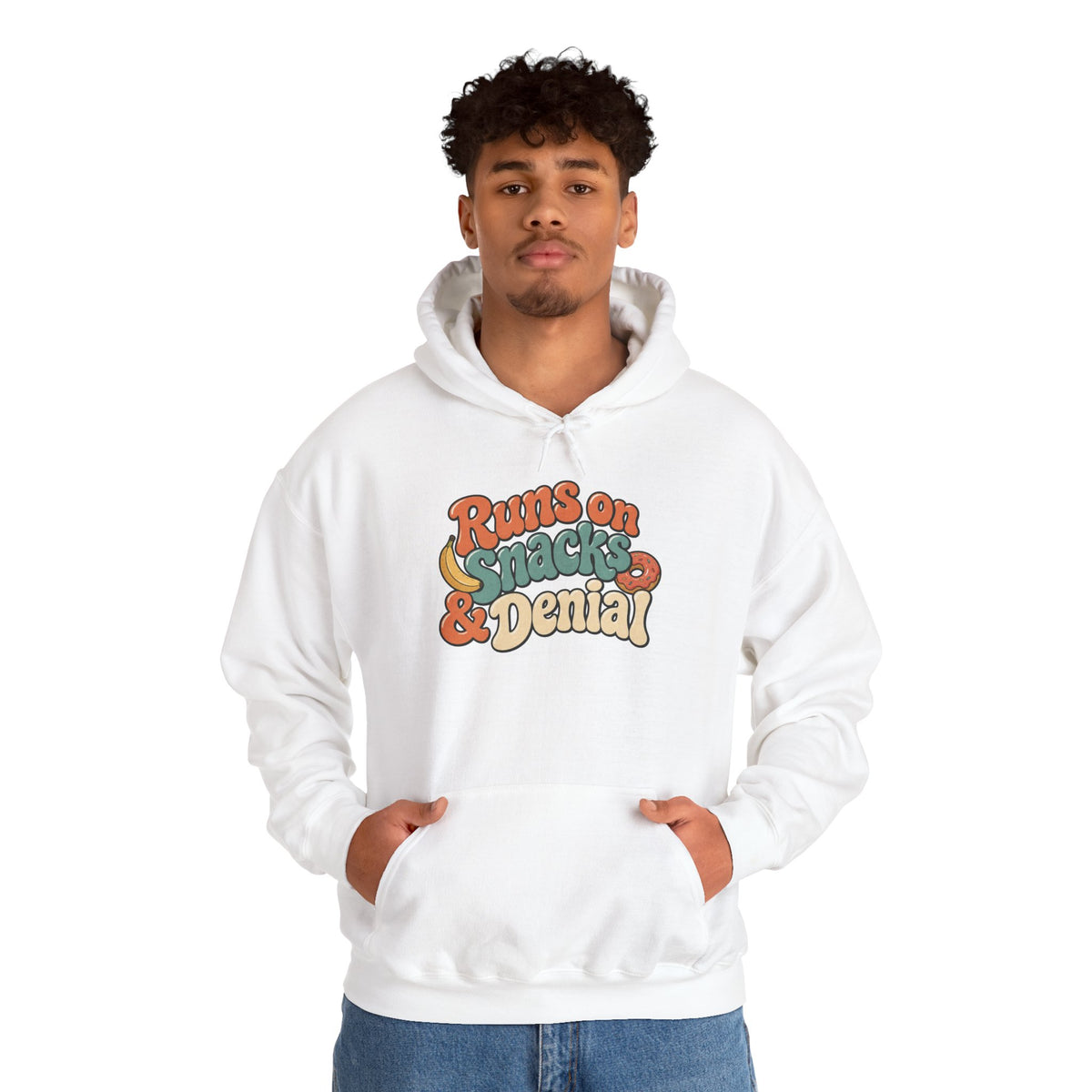 Runs on Snacks & Denial Hoodie - White - on model male