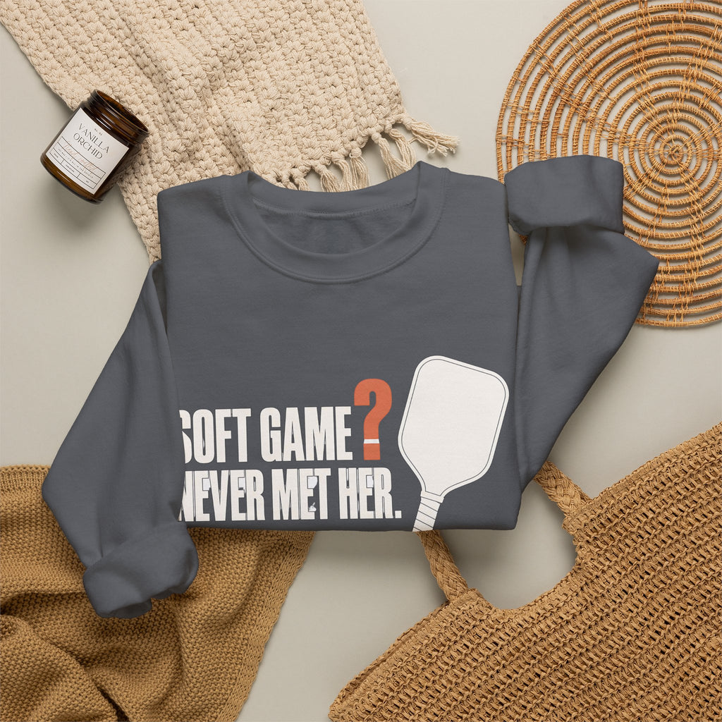 Soft Game? Never Met Her Sweatshirt - Charcoal - Flat Lay