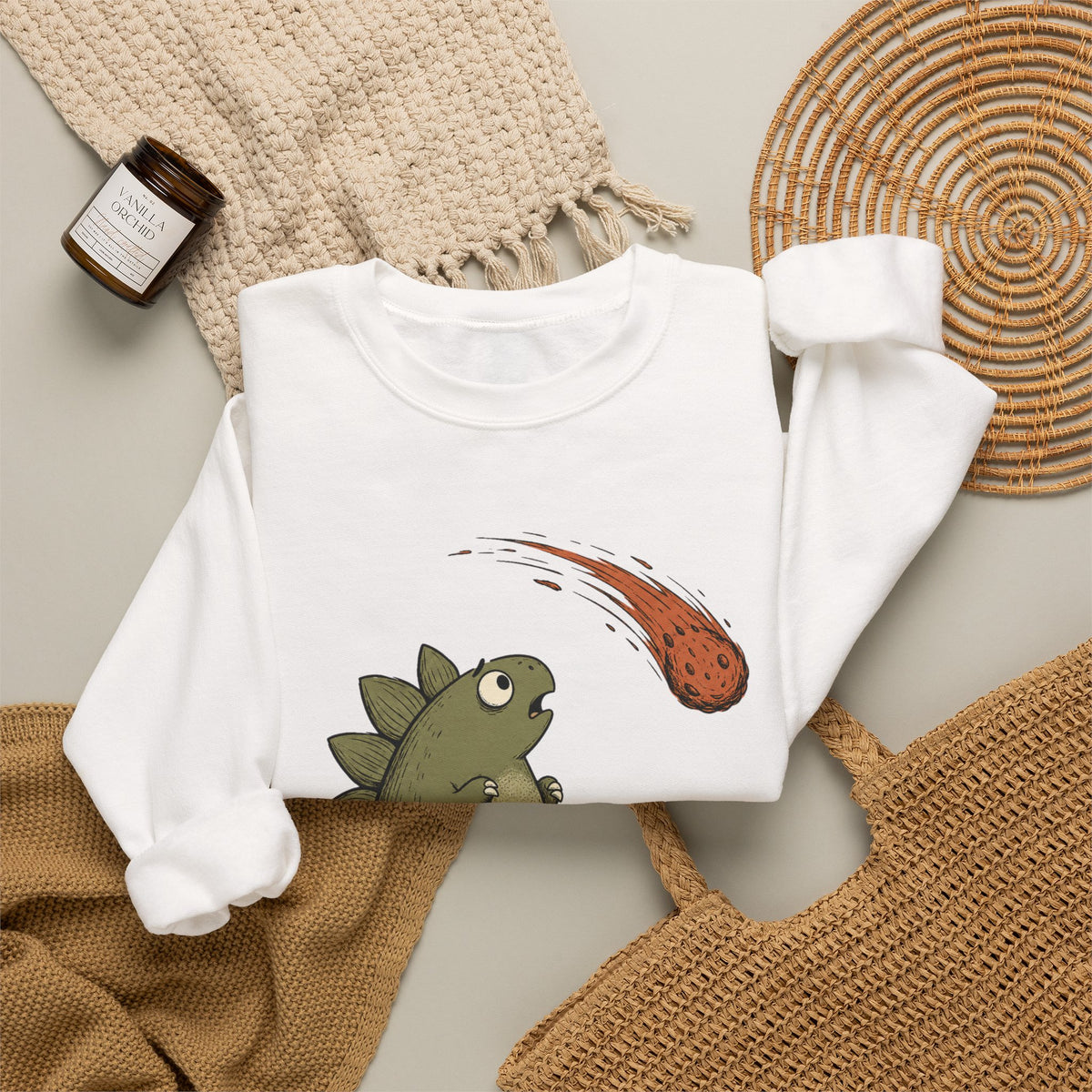 Emotionally I’m the Meteor Dinosaur Sweatshirt - White - Flat Lay