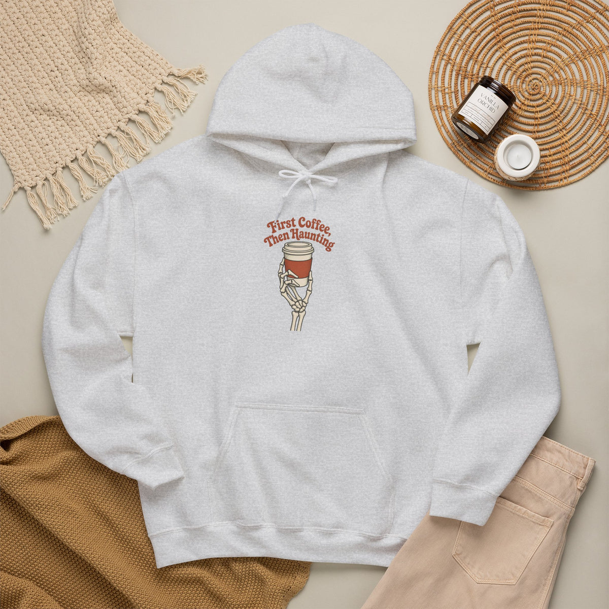 First Coffee Then Haunting Hoodie - Ash - Flat Lay