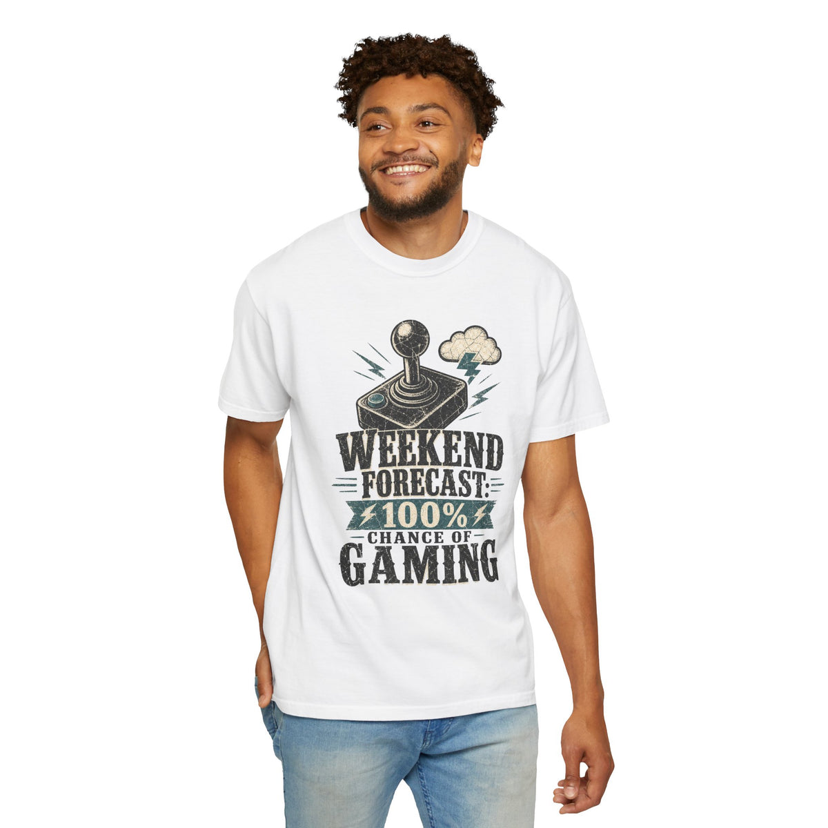Weekend Forecast 100% Gaming T-shirt - White - On Model Front