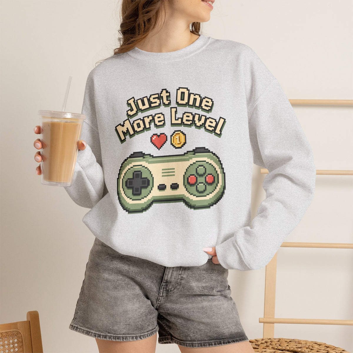 Just One More Level Sweatshirt - Ash - On Model Female