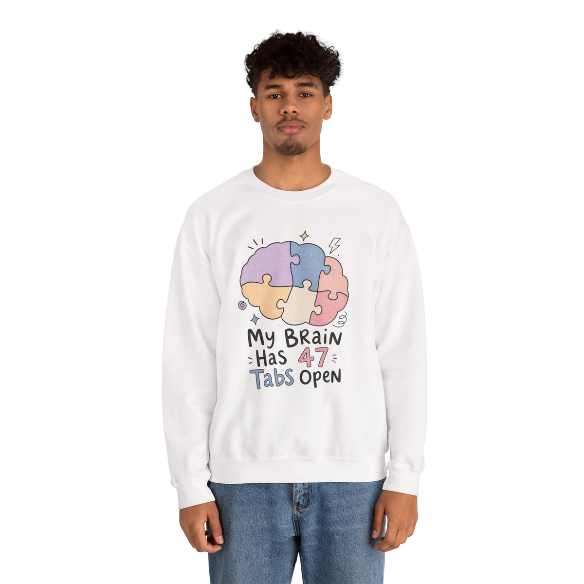 My Brain Has 47 Tabs Open Sweatshirt - White - On Model Male