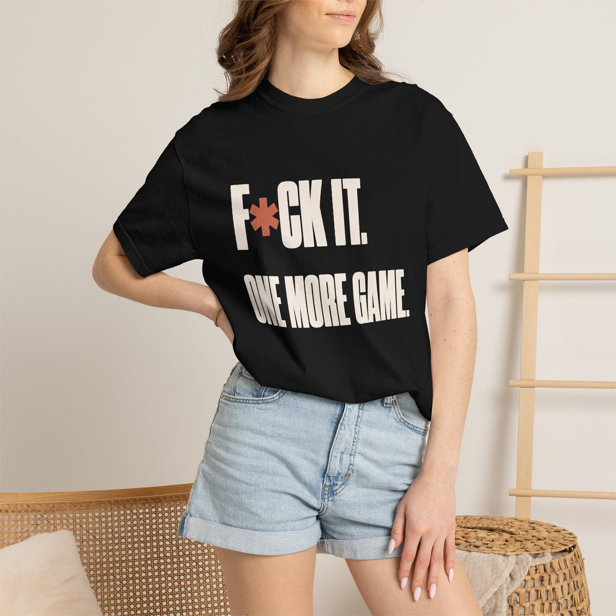 F*ck It. One More Game. T-Shirt - Black - On Model Close-Up