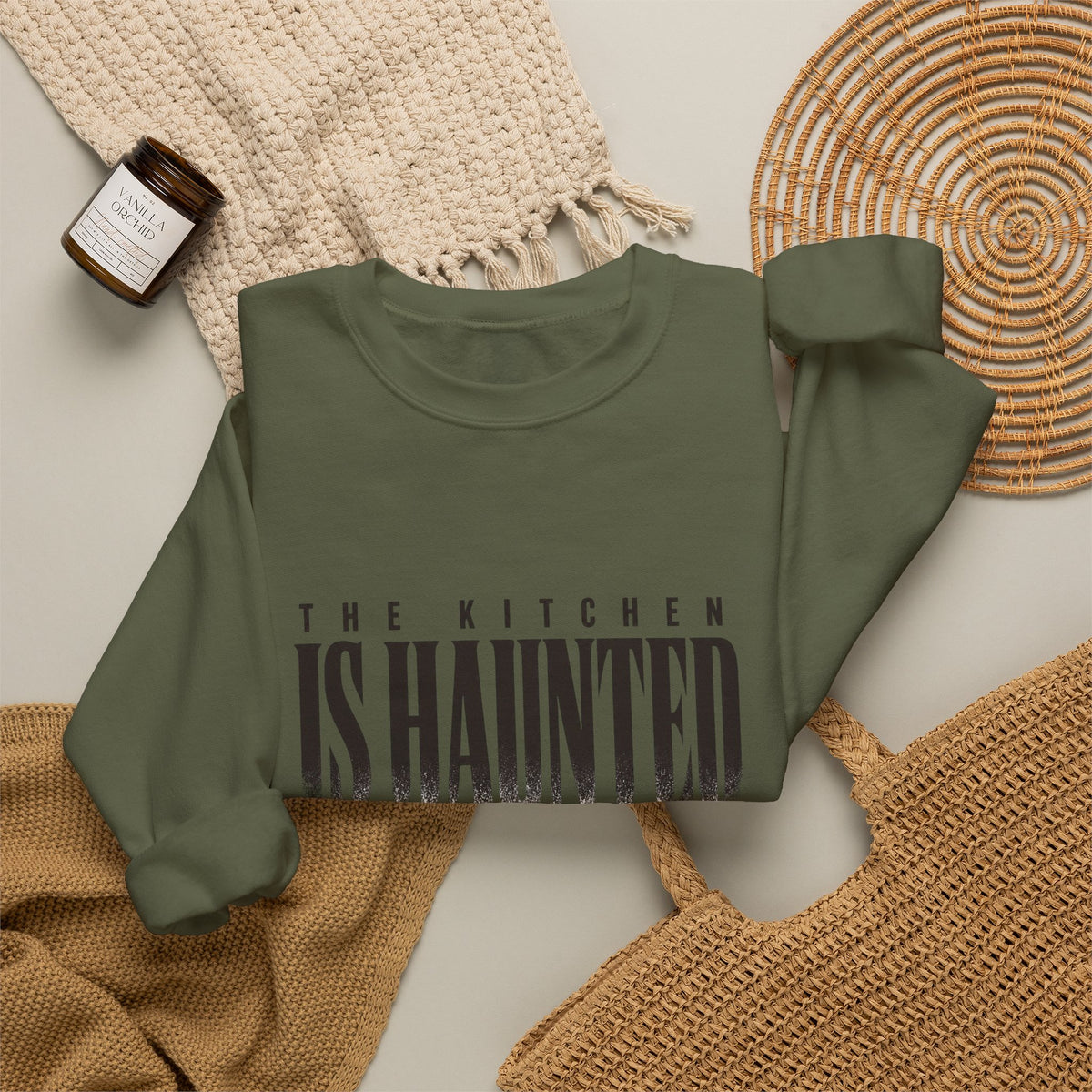The Kitchen Is Haunted Sweatshirt - Military Green - Flat Lay