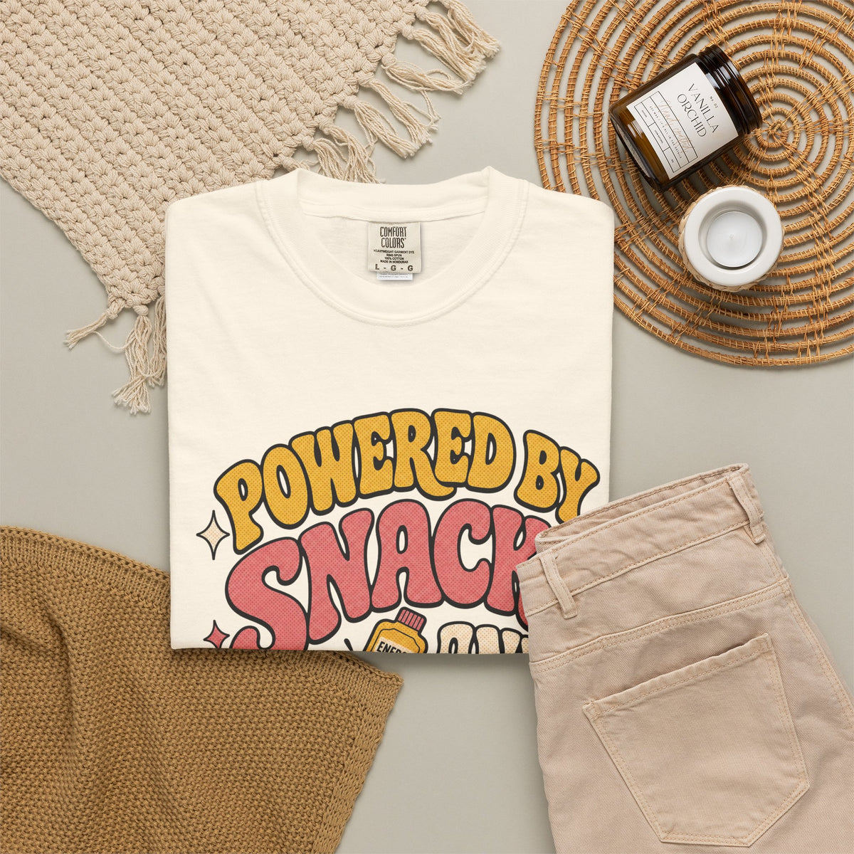Powered by Snacks and Spite T-shirt - Ivory - Flat Lay
