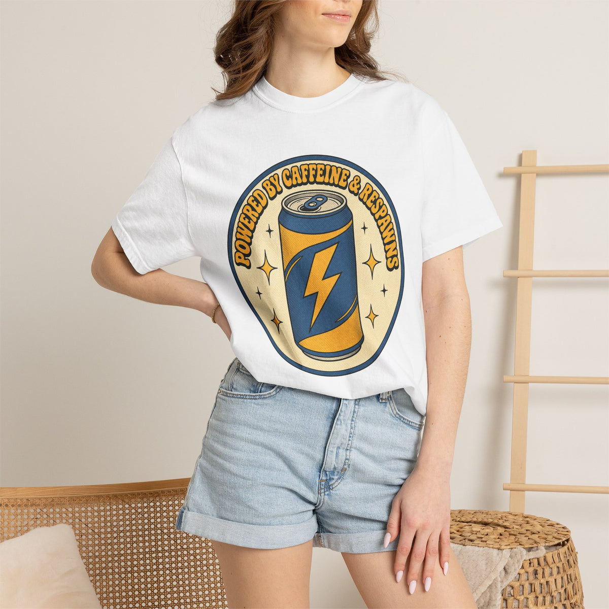 Caffeinated Energy Can T-shirt - White - On Model Close-Up