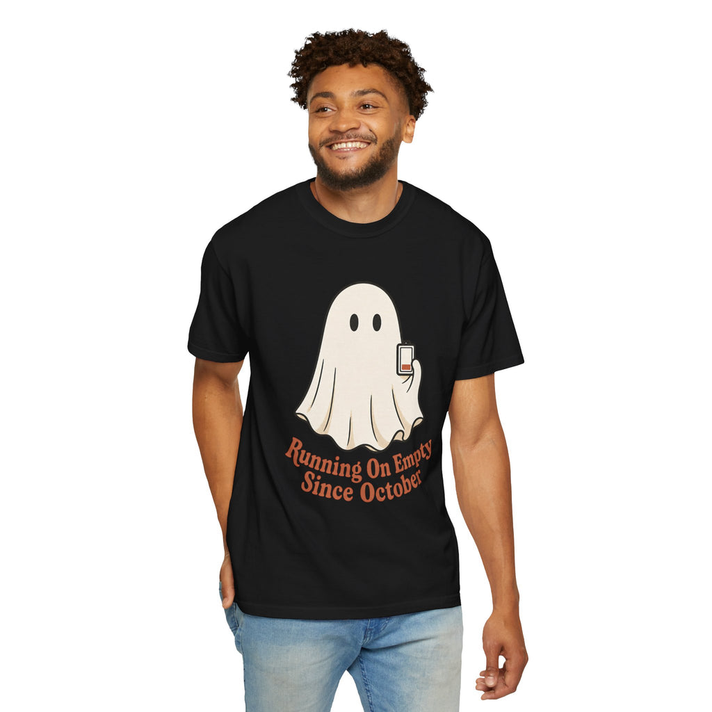 Running On Empty Since October T-Shirt - Black - On Model Front