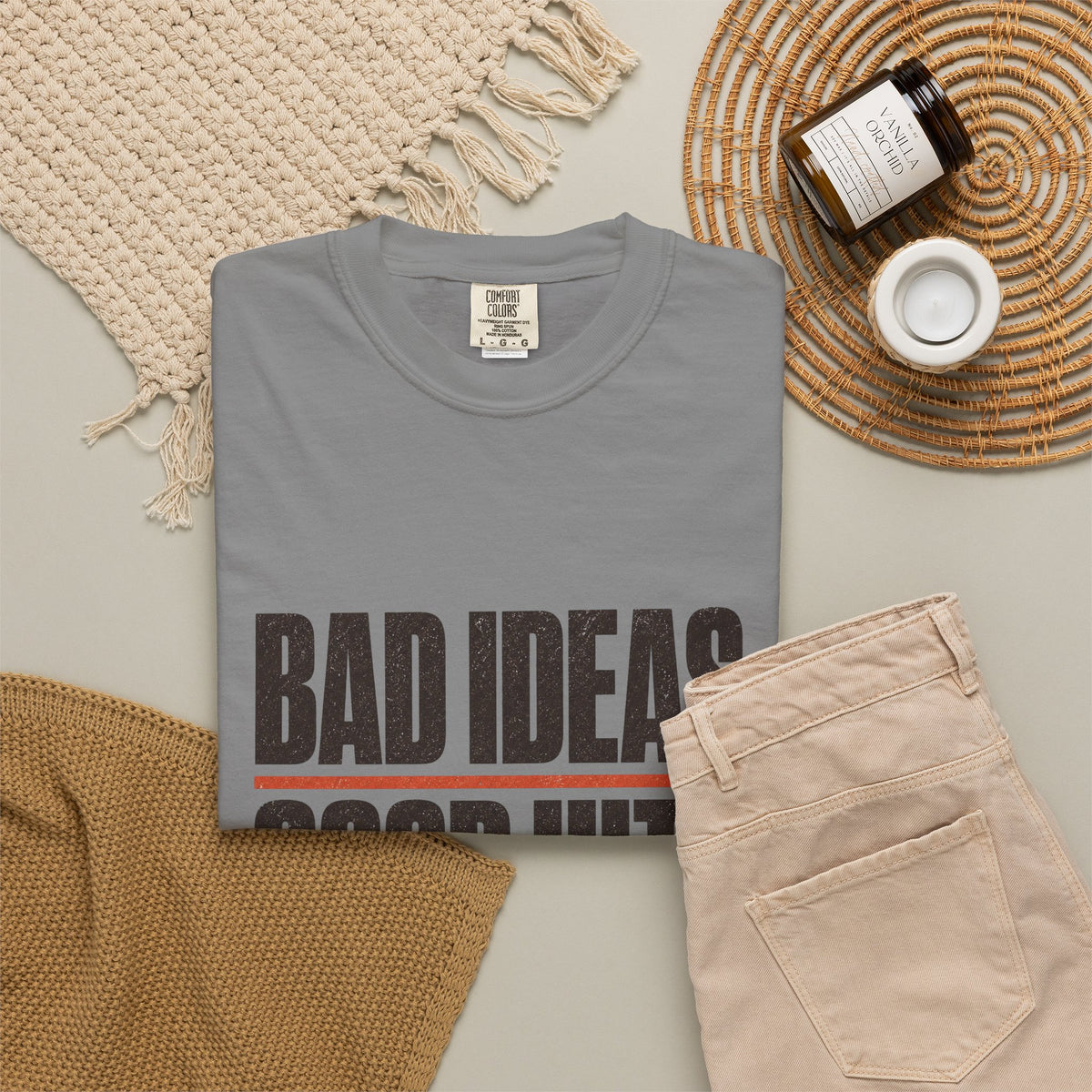 Bad Ideas. Good Hits. T-Shirt - Grey - Flat Lay