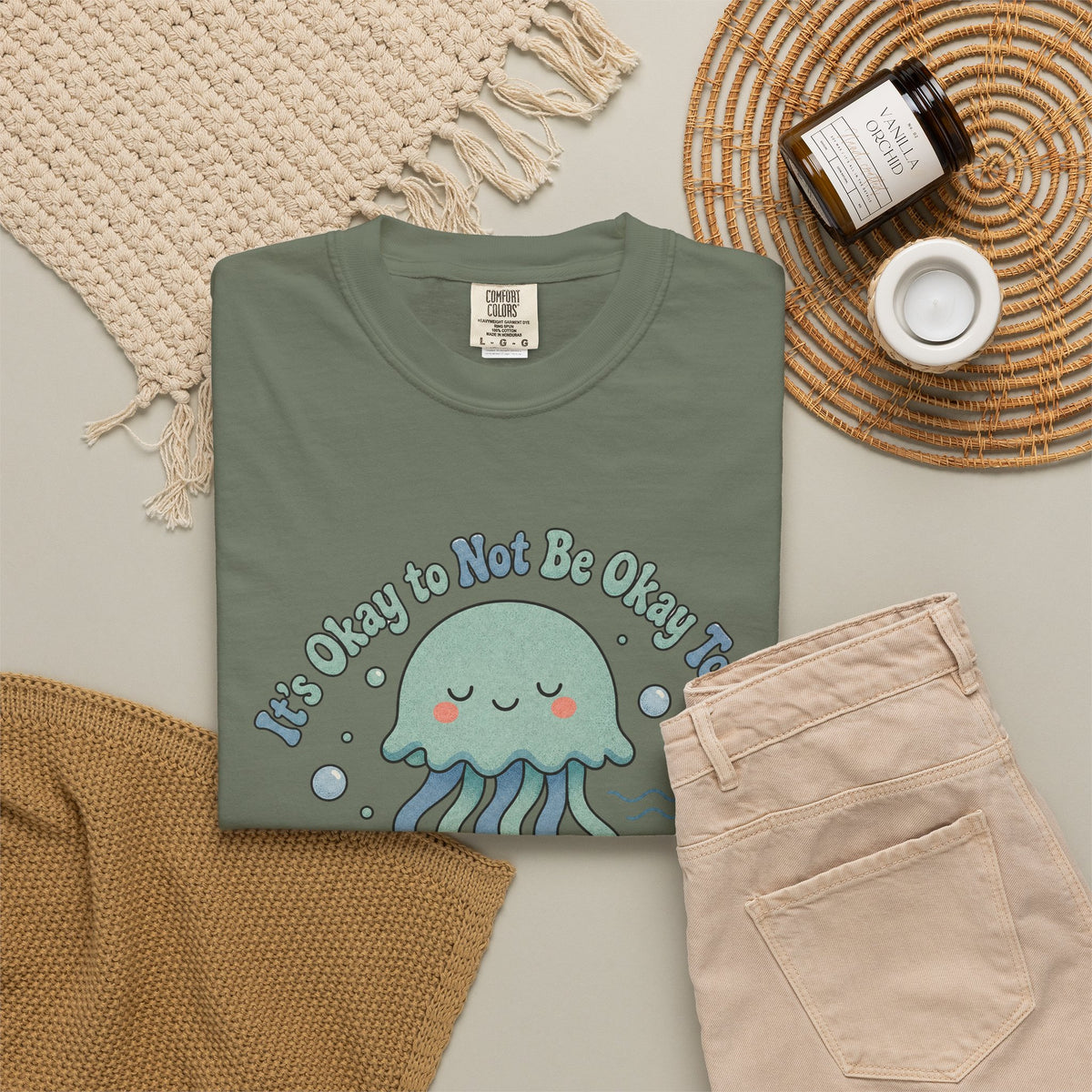 It's Okay to Not Be Okay T-shirt - Moss - Flat Lay