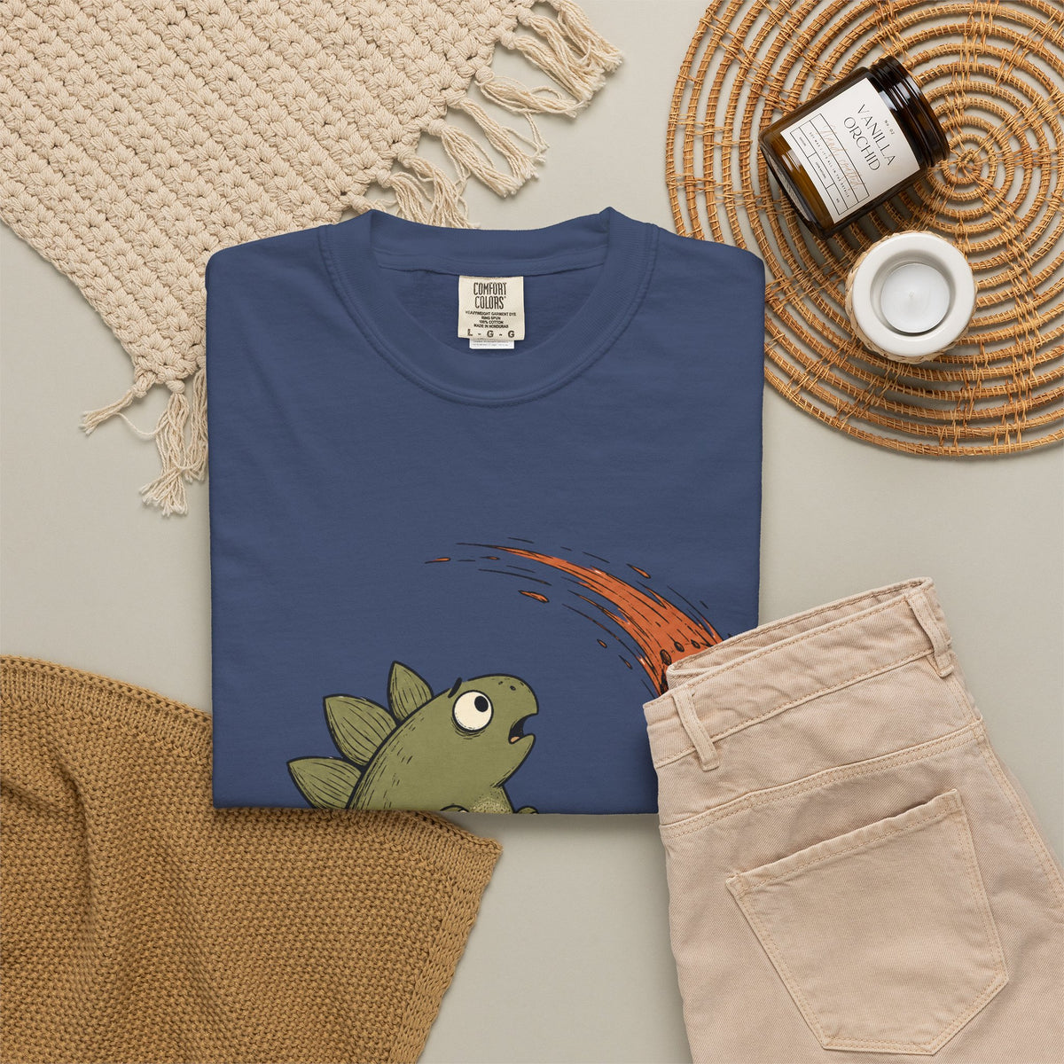 Emotionally I'm the Meteor Dinosaur T-shirt - China Blue - Flat Lay