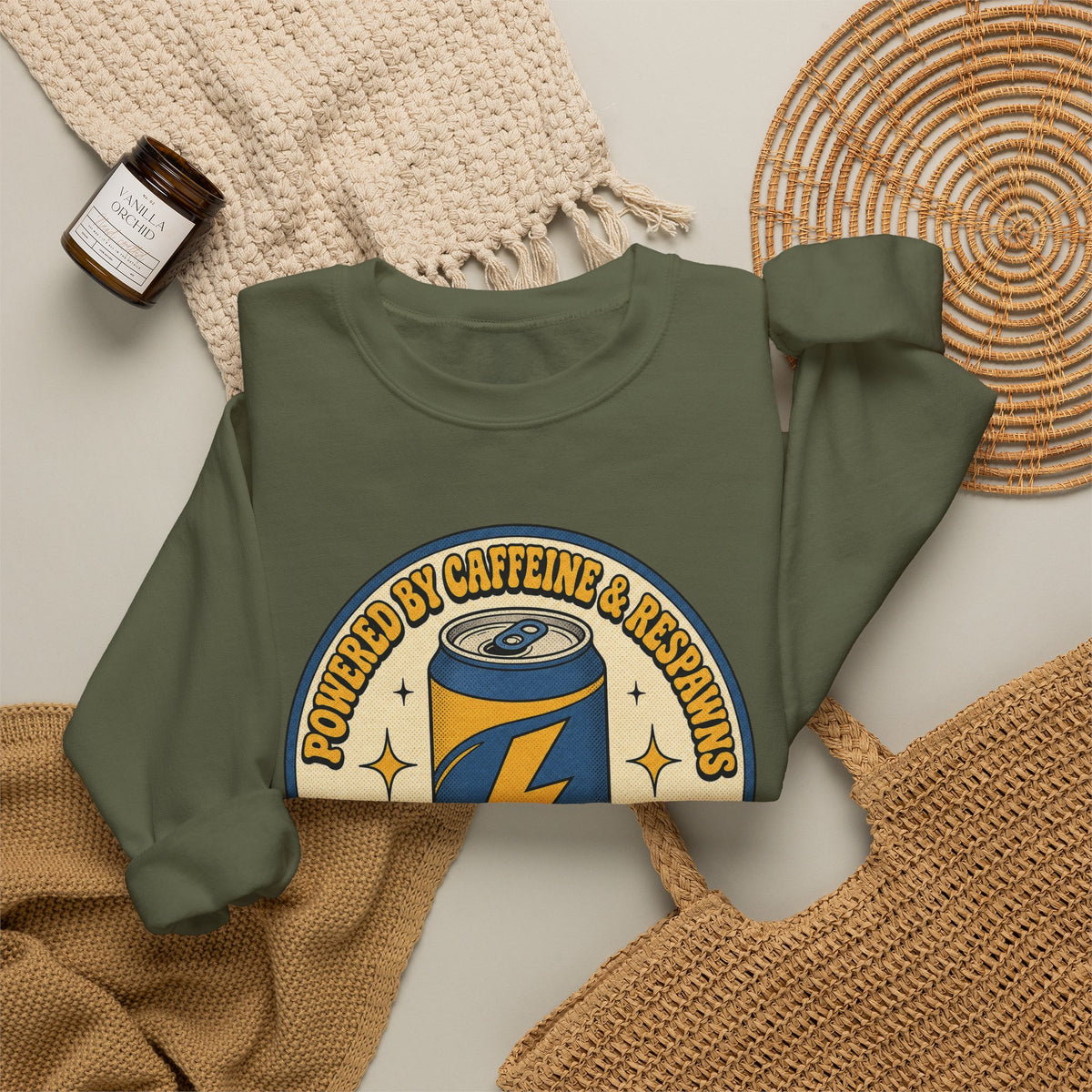 Caffeinated Energy Can Sweatshirt - Military Green - Flat Lay