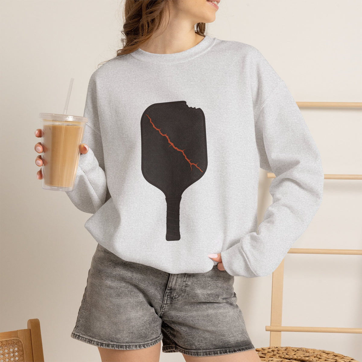 Pickleball Paddle Graphic Sweatshirt - Ash - On Model Female