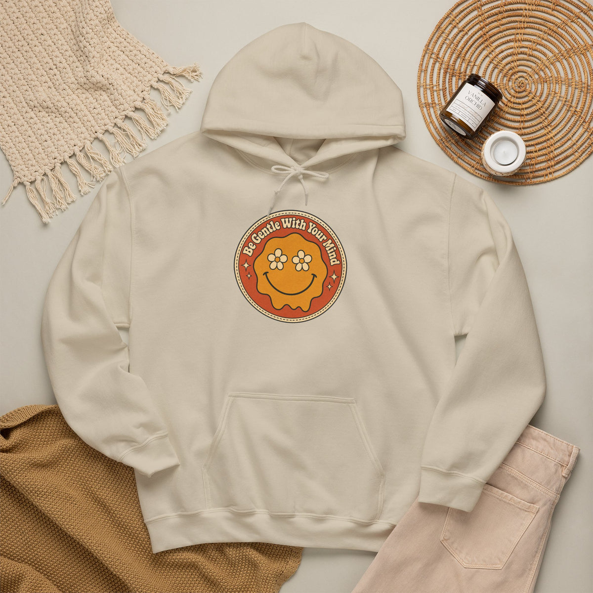 Be Gentle With Your Mind Hoodie - Sand - flat lay