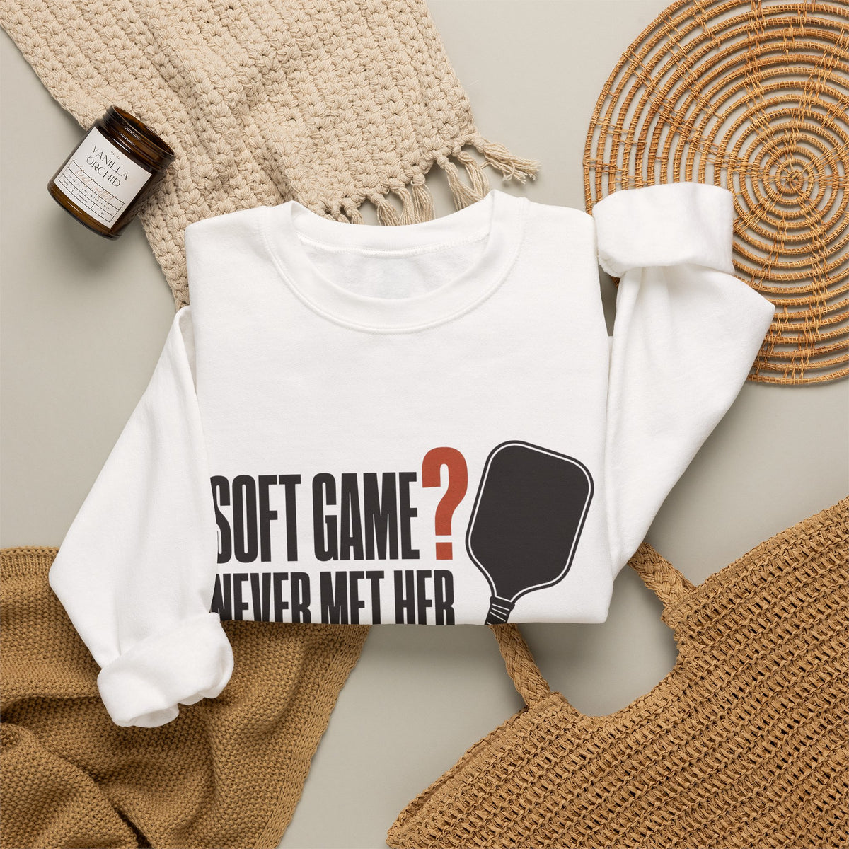 Soft Game? Never Met Her Sweatshirt - White - Flat Lay
