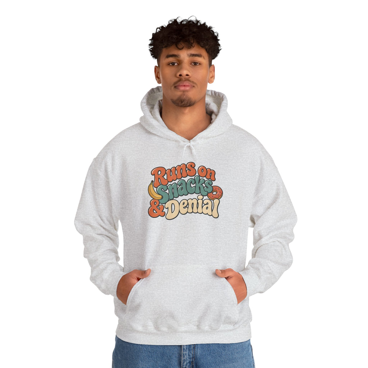 Runs on Snacks & Denial Hoodie - Ash - on model male