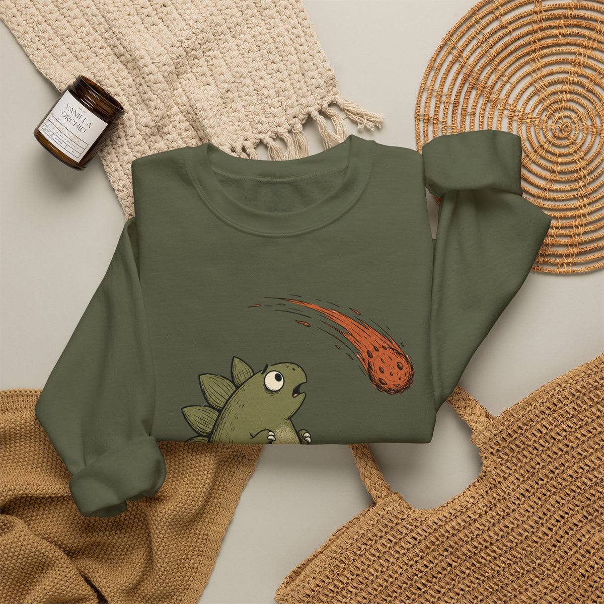 Emotionally I’m the Meteor Dinosaur Sweatshirt - Military Green - Flat Lay