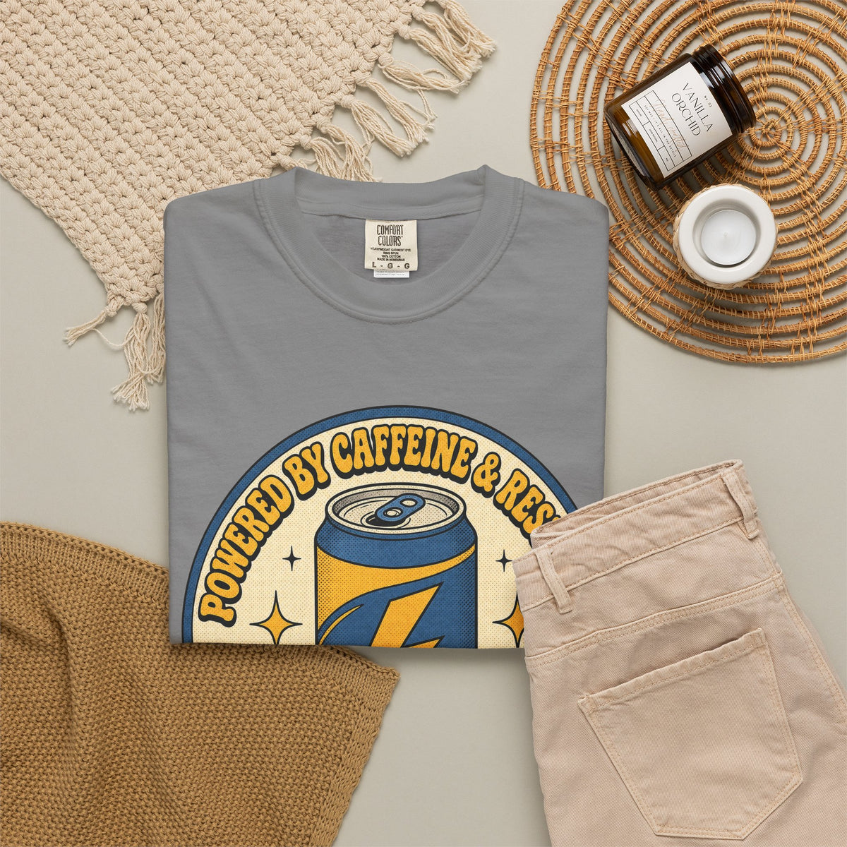 Caffeinated Energy Can T-shirt - Grey - Flat Lay