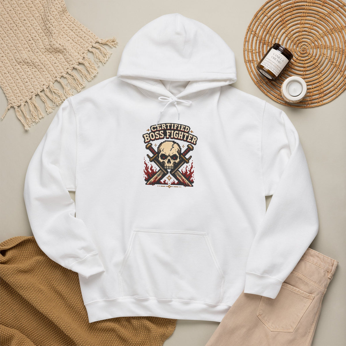 Certified Boss Fighter Hoodie - White - Flat Lay
