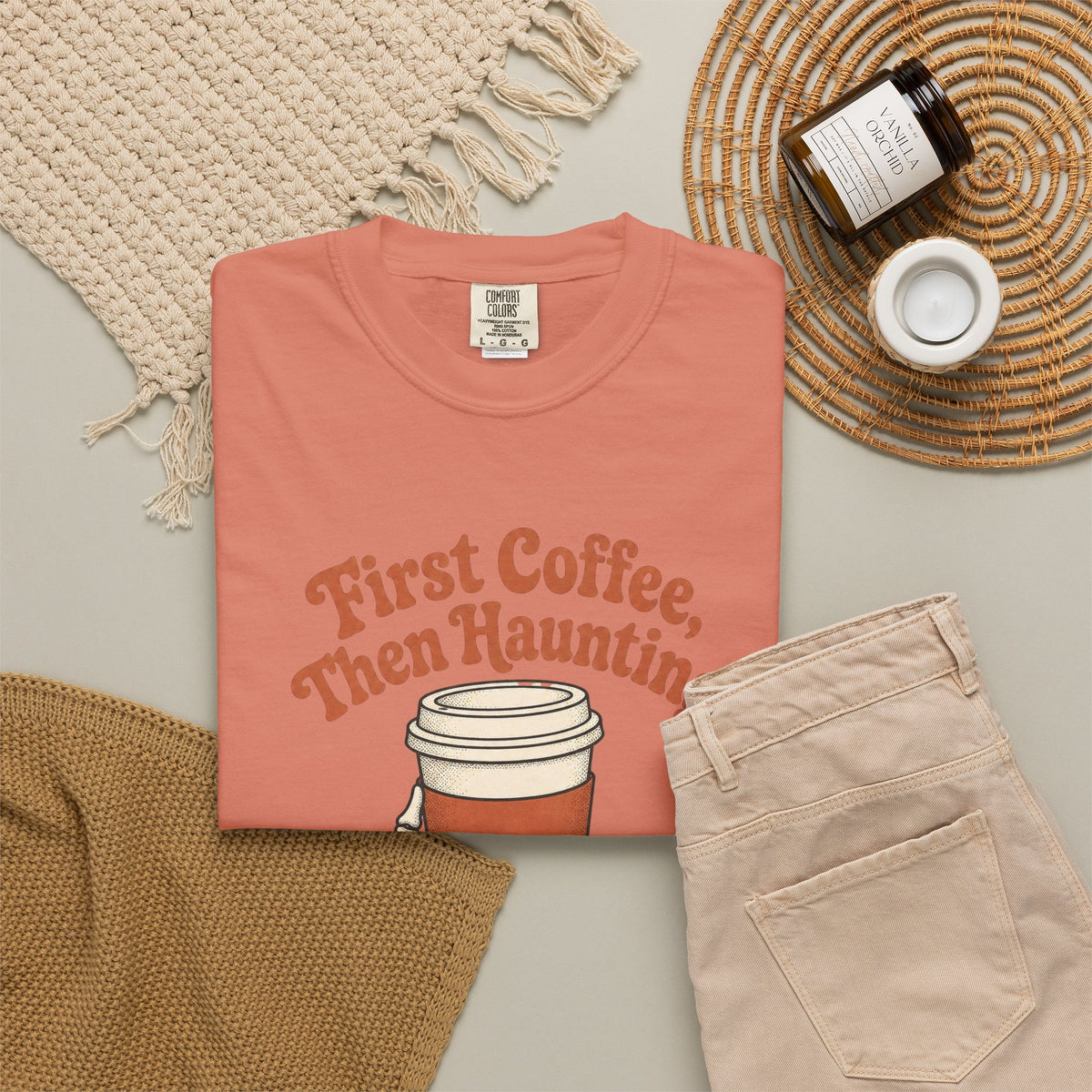 First Coffee Then Haunting T-Shirt - Terracotta - Flat Lay
