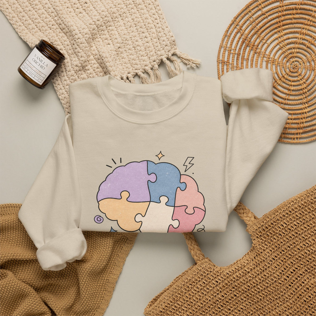 My Brain Has 47 Tabs Open Sweatshirt - Sand - Flat Lay