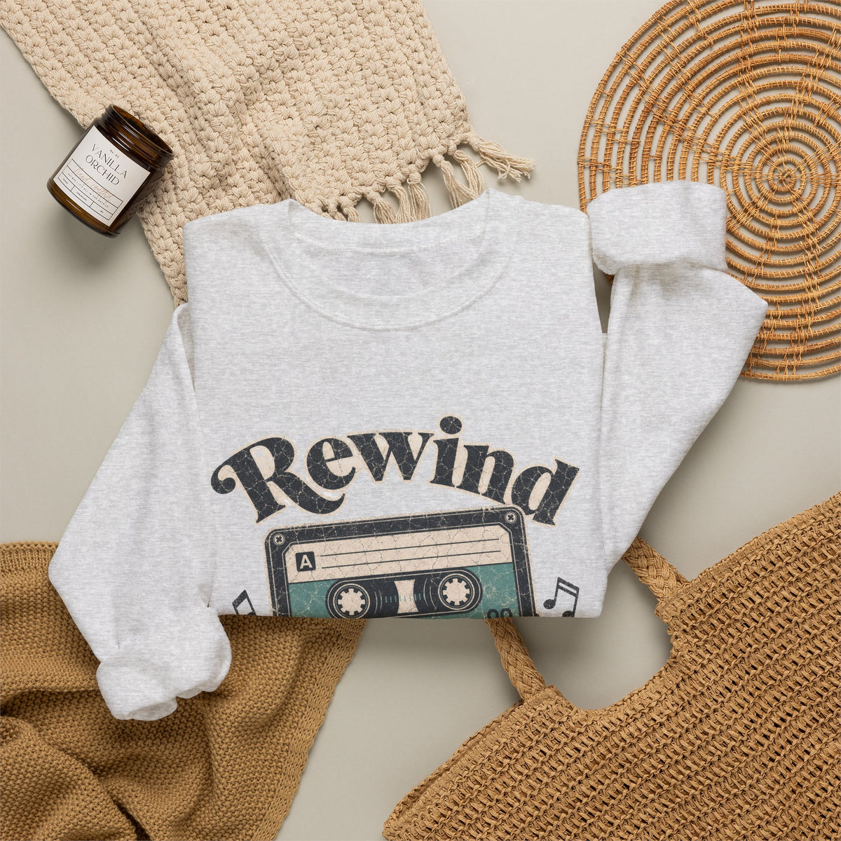 Retro Cassette Tape Sweatshirt - Ash - Flat Lay