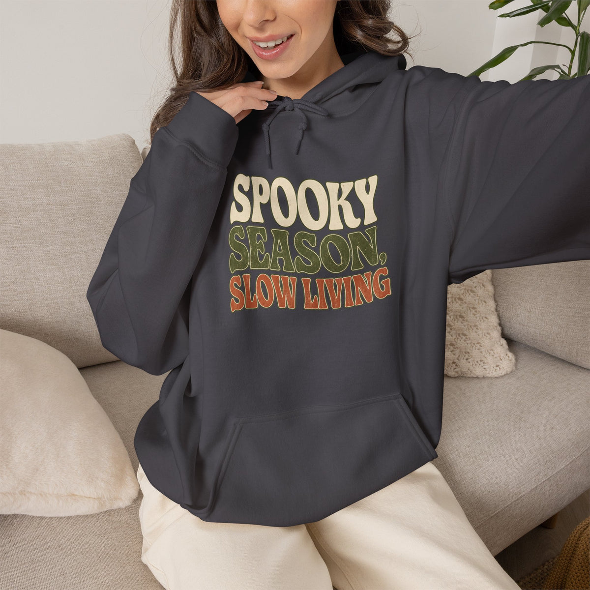 Spooky Season Slow Living Hoodie - Charcoal - On Model Female